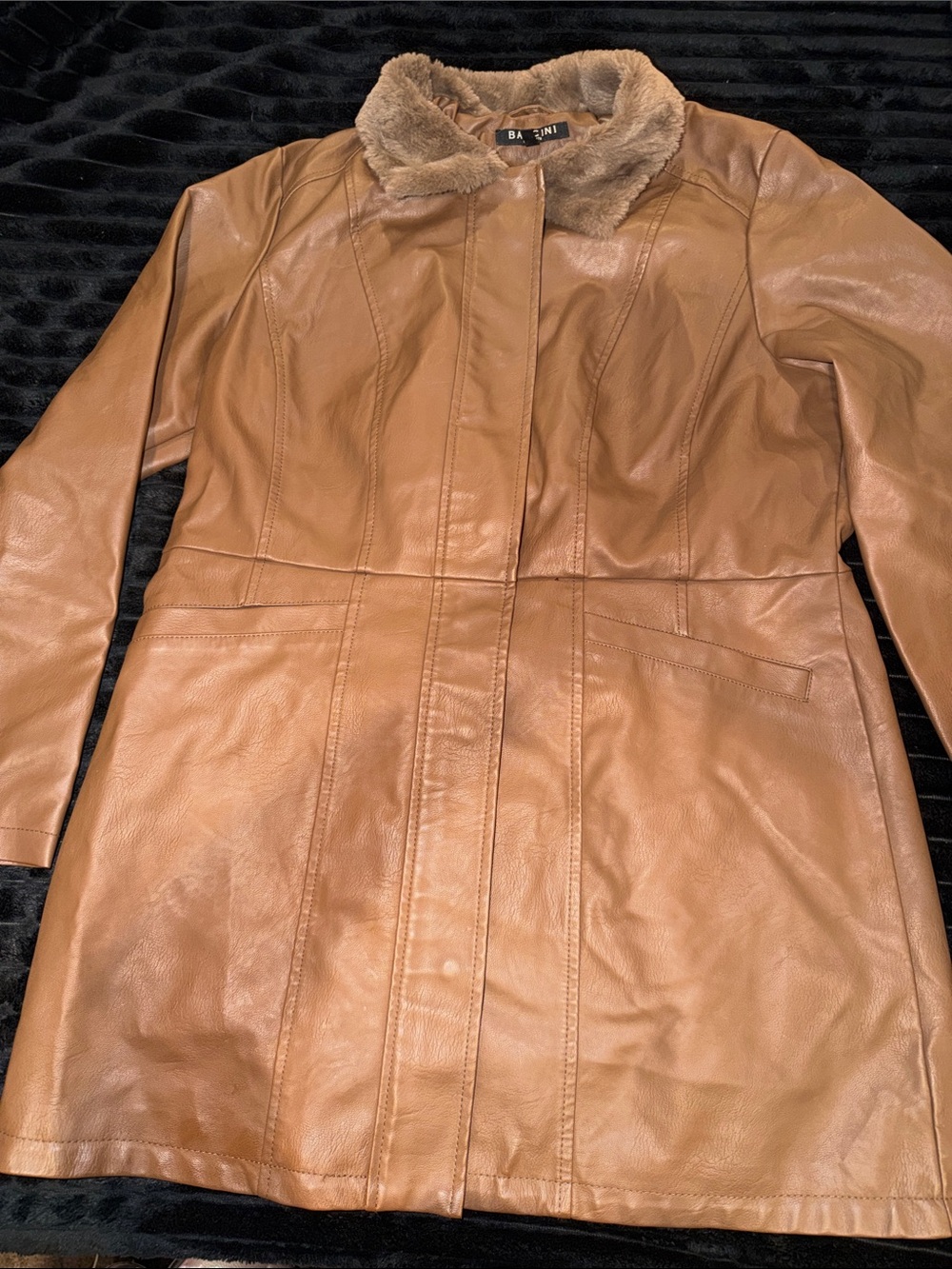 Baccini Women's Tan Leather Coat with Faux Fur Collar